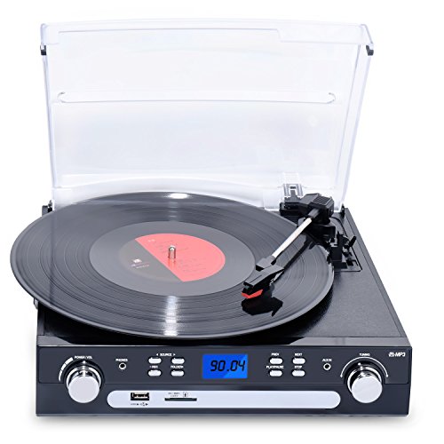 DIGITNOW-VinylLP-Turntable-Record-Player-with-BluetoothAMFM-Radio-Cassette-Tape-Aux-in-USBSD-Encoding-Playing-MP3-Built-In-Stereo-Speakers-35mm-Headphone-jack-Remote-and-LCD