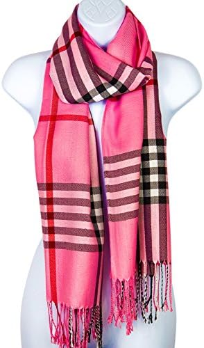 Pashmina Silk Scarf Plaid Checker Pattern Long Soft Shawl Wrap Cape (Pink)