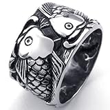 KONOV Mens Stainless Steel Ring, Vintage Carp Fish, Black Silver