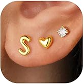Turandoss 3 Pairs Initial Stud S925 Sterling Silver Post Earrings for Girls Girls, 14K-Gold-Plated Letter A-Z Heart Initial Stud Earrings Jewelry Gifts for Teen Girls Trendy