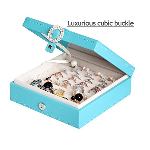 JackCubeDesign Leather 9 Slots Ring Organizer Storage Jewelry Box Display with Mirror Inside Velvet Divider Ring Tray Case Holder(Sky Blue, 6.5 x 6.5 x 2.3 inches) â€“ :MK354B