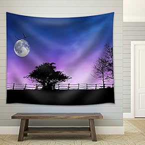 Fence and Trees Silhouettes with Moon and Stars on The Dark Sky - Fabric Wall Tapestry Home Decor - 51x60 inches
