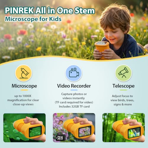 PINREK Kids Microscope 1000X Digital, Handheld Adventure Microscope for Kids, Pocket Microscope Video Record with 32G Memory Card, Portable Magnifying Glass Miniscope, Great Gift for Boys Girls