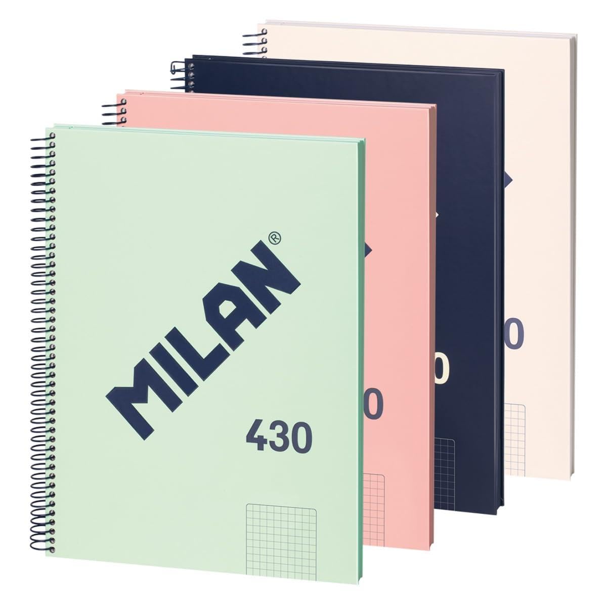 MILAN® Pack of 4 A4 Hardcover Notebooks, Squared Paper (5 x 5 mm), 80 Sheets of 95 g/m², Rubber Collection 430