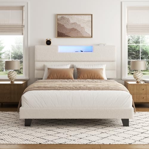 Photo 1 of ** USED / MISSING PART ** viplov Full Size Bed Frame with Headboard, Boucle Upholstered Platform Bed with Charging Station and Led Lights, No Box Spring Needed, Noise-Free, Easy Assembly, Modern Bedroom Furniture, Beige
