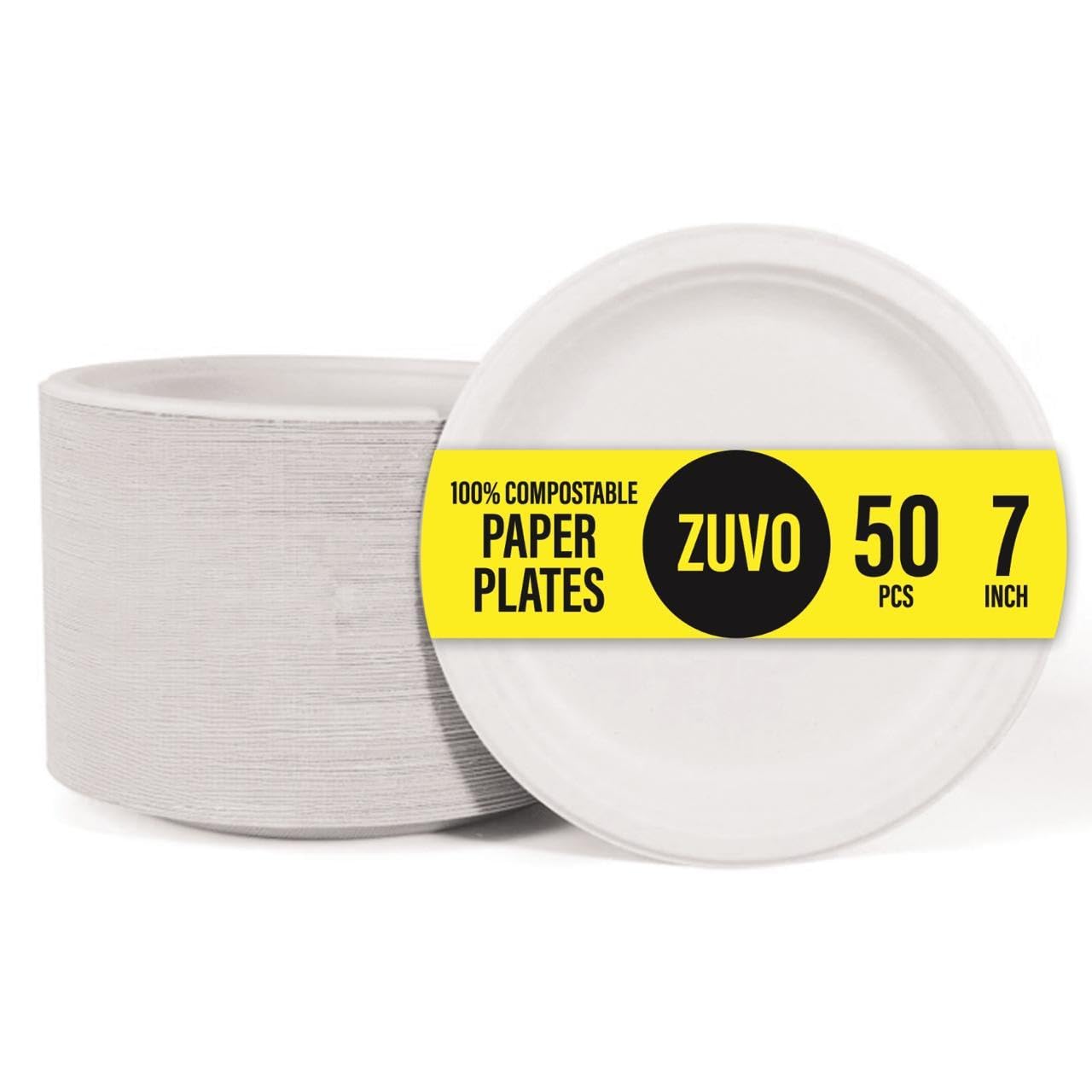 Zuvo 7-Inch Compostable Paper Plates – 50 Pack, Eco-Friendly, Biodegradable and Disposable for Party, BBQ & Picnic – Strong & Sturdy Bagasse Tableware​, White