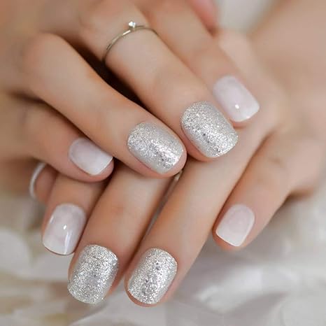 Jzjzj Fake Nail Daily Wear False Nail Tips Silver Powder