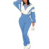 Remelon Womens 2 Piece Sweatsuits Color Block Long Sleeve Zipper Cropped Jacket Legging Pants Set Tracksuit Jogger Outfits