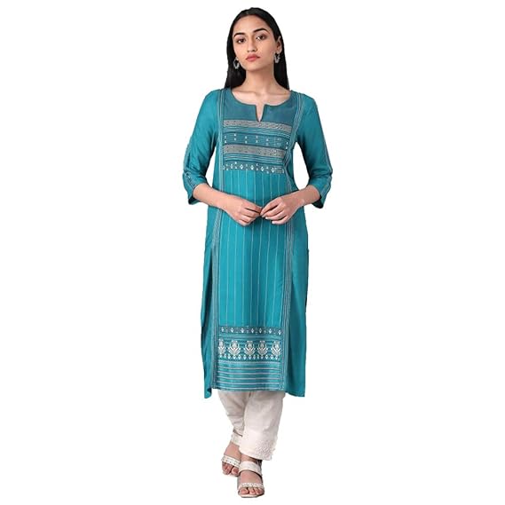 Women's Cotton Straight Kurta (20FEW13243-311227_Teal_10 (Medium))