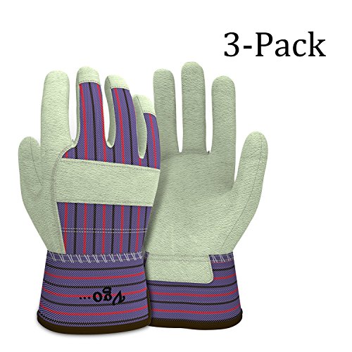 Vgo 3-Pairs 32℉ or above Lined Heavy Duty Grain Leather Work Gloves with Safety Cuff, Leather Palm (Size XL, Plaid…