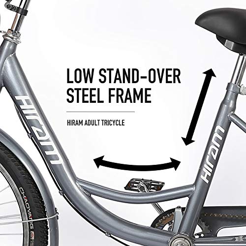 HIRAM 3-Wheeled Adult Tricycle with Removable Basket, 24" Wheels Trike for Men and Women, Single Speed Cruise Bike, Exercise Bike for Recreation and Shopping, Water-Proof Bag and Bicycle Bell