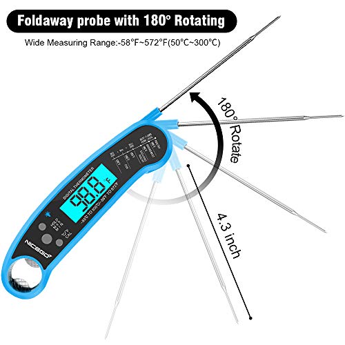 NiceGo Digital Instant Read Meat Thermometer with Probe Fast Waterproof Thermometer with Back light and Calibration. Digital Food Thermometer for Cooking, Kitchen, Outdoor Cooking, BBQ Grill.
