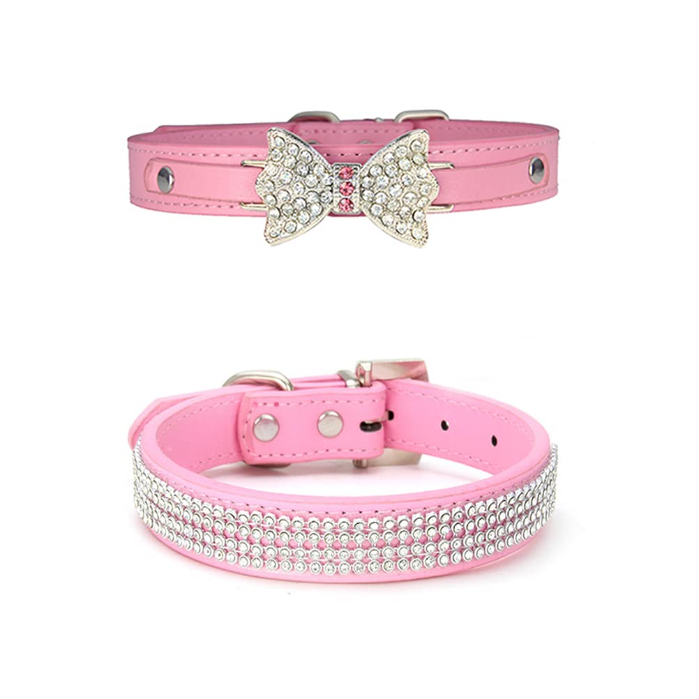 MiaLover Rhinestone Dog Collar, Leather, Pink, 2 Pieces, Small (10-13 inch), Animal Collar, Adjustable, Lightweight, Flexible, Rhinestones, Bow