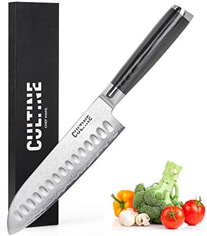 Santoku 7-inch Knife by Cultine – Professional Multipurpose Knife for Chopping, Slicing &amp; Cutting Fruits, Vegetables, Meat - Very Sharp Damascus Steel Blade&amp;Ergonomic Non Slip Micarta Handle