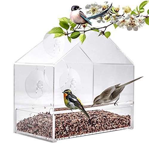 Acrylic Window Bird Feeder with Sliding Seed Tray and Strong Suction Cups Easy to Clean Bird
