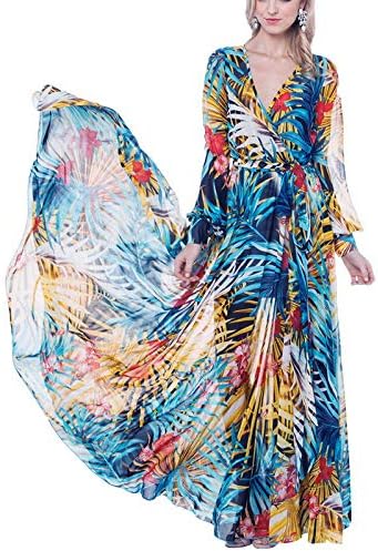 Amazon Co Jp ビグッド Bigood 長袖 マキシ丈ワンピース レディース シフォン ロングワンピース 春 夏 ビーチ カジュアル お出かけ S 葉柄 服 ファッション小物