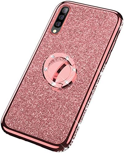 SainCat Glitter Sparkle Bling Diamond Rhinestone Ring Stand Shiny Case Shock-Absorption Slim Fit TPU Silicone Protective flash Bumper Case Compatible with Samsung Galaxy A70+Rose gold