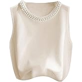 WDIRARA Women's Pearl Beaded Crew Neck Sleeveless Tank Top Going Out Tops