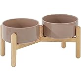 Havniva Ceramic 6.1inch Raised Dog Bowl with Stand for Small and Medium Breed Dog Dish Pet Food and Water Bowl (Double Bowl with Stand - Brown Coffee, 28oz)