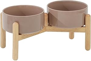 Havniva Ceramic 6.1inch Raised Dog Bowl with Stand for Small and Medium Breed Dog Dish Pet Food and Water Bowl (Double Bowl with Stand - Brown Coffee, 28oz)