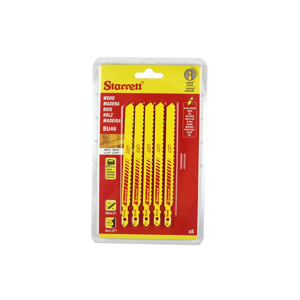 Starrett Wood Cutting Jigsaw Blades - 5 Pieces BU46 Unified Shank 6 Teeth Per Inch Bi-Metal Fast Straight Cuts Saw Blade Set - Compatible With Bosch Dewalt Hitachi Festool Milwaukee