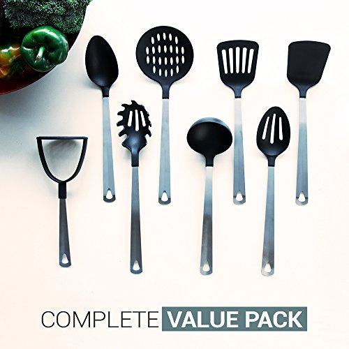 Kitchen Utensil Set 8 Pc by PureLife - Stainless Steel Cooking Set W/Nylon Heat Resistant | Include Spaghetti Server, Potato Masher, Serving Spoon, Turner, Ladle, Skimmer, Spatula & Slotted Spoon