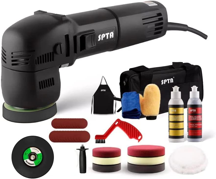SPTA Buffer Polisher, 3 Inch 10mm/780W Variable Speed Orbital Dual Action Auto Detailing Tool with DA Polishing Pads, Sanding Discs, Pad Conditioning Brush, Scratch Remover