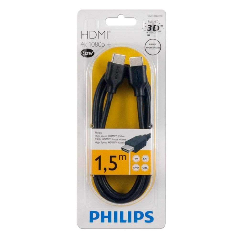 Philips 1.5m High Speed 4 x 1080p Full HD HDMI Cable with Ethernet – 3D Ready High Definition Media Cable for TVs, Blu-ray, Laptops and More – Works with Philips, Sony, Samsung, LG and More, SWV2432W10