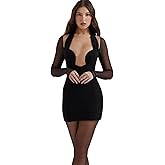 Evankin Women's Sexy Dress Club Hanging Neck Deep V-Neck Wrapped Hip Skirt Mesh Long Sleeve Skirt