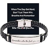 Atiptu Remember Who The F*ck You Are Leather Bracelet Black Braided Stainless Steel Bracelet Unique Handmade Engraved Jewelry Inspirational for Women Men