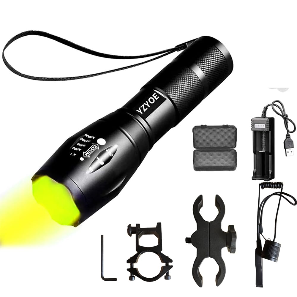 YZYOE Rechargeable Yellow Warm Light Tactical Flashlight，500 Yard Warm Yellow Hunting Light Zoomable Flashlight Hog Predator Lights with Pressure Switch Universal Picatinny Rail Mount kit.
