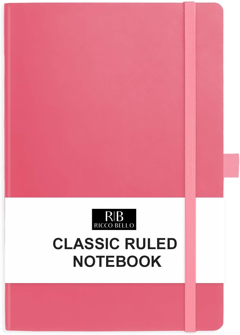 RICCO BELLO Lined Journal Notebook with Pen Holder, Faux Leather Hardcover, College Ruled, for Work, Notes | 96 Sheets /192 Lined Pages, 5.7 x 8.4-Inches (Pink)