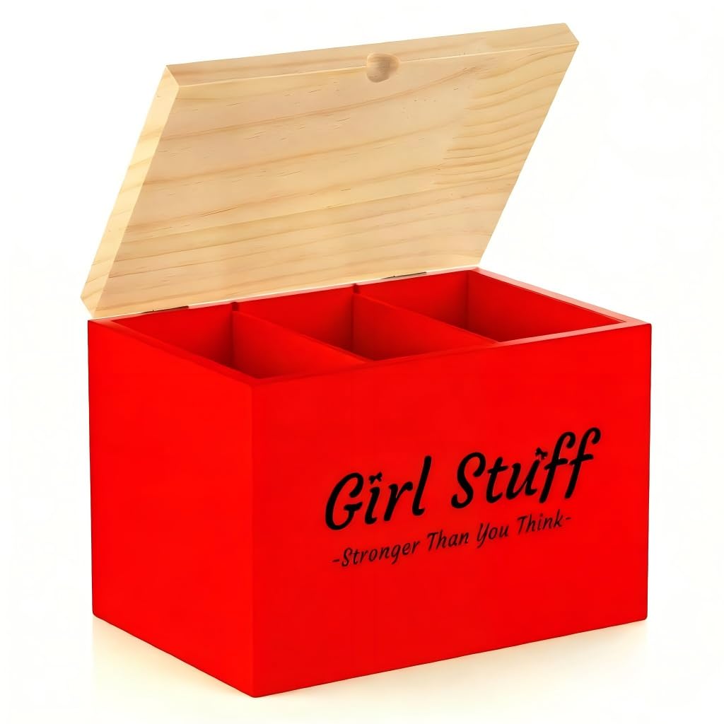 Luxspire Tampon Holder for Bathroom, Feminine Product Organizer with Lid, Wood Pad and Tampon Organizer for Bathroom, Shark Week Tampon Storage, Girl Stuff Box for Bathroom Accessories, Red