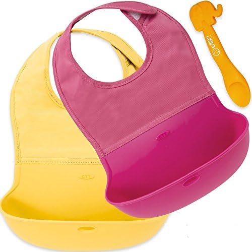 Pack of Silicone Pocket bibs - For Babies and Toddlers - Bonus Cute Feeding Spoon