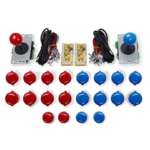 Marwey Arcade Buttons and Joystick Kits DIY Controller USB Encoder to PC Games 2 5Pin 8 Ways Joystick + 20x Push Buttons (2.8mm Terminal) for Windows MAME Raspberry Pi 1 2 3 KOF Parts Red/Blue