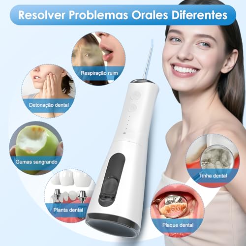 Irrigador Oral Portátil Sem Fio 300ml com 5 Bico Higiene Limpeza | Recarregável Type-C, Pressão Ajustável, Impermeável IPX7, Carregamento Rápido, Longa Duração Bateria, Uso Doméstico Viaje