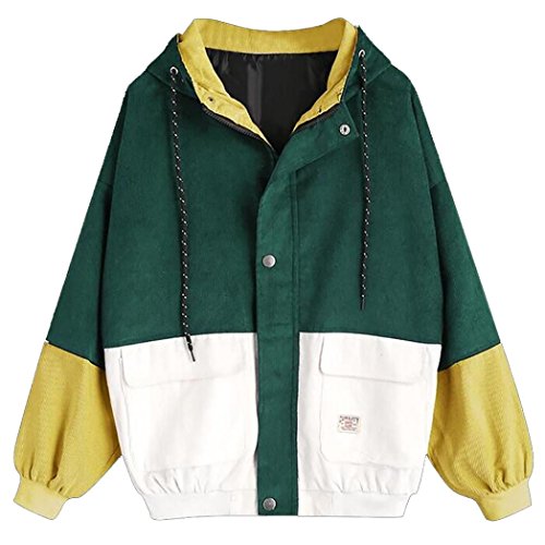 AOJIAN Women Overcoat Long Sleeve Corduroy Patchwork Oversize Zipper Jacket Windbreaker Coat (Green, S)