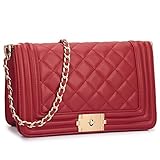 Dasein Women's Designer Quilted PU Leather Twist Lock Crossbody Bag Shoulder Bag Fashion Handbags w/Chain Strap (Red)