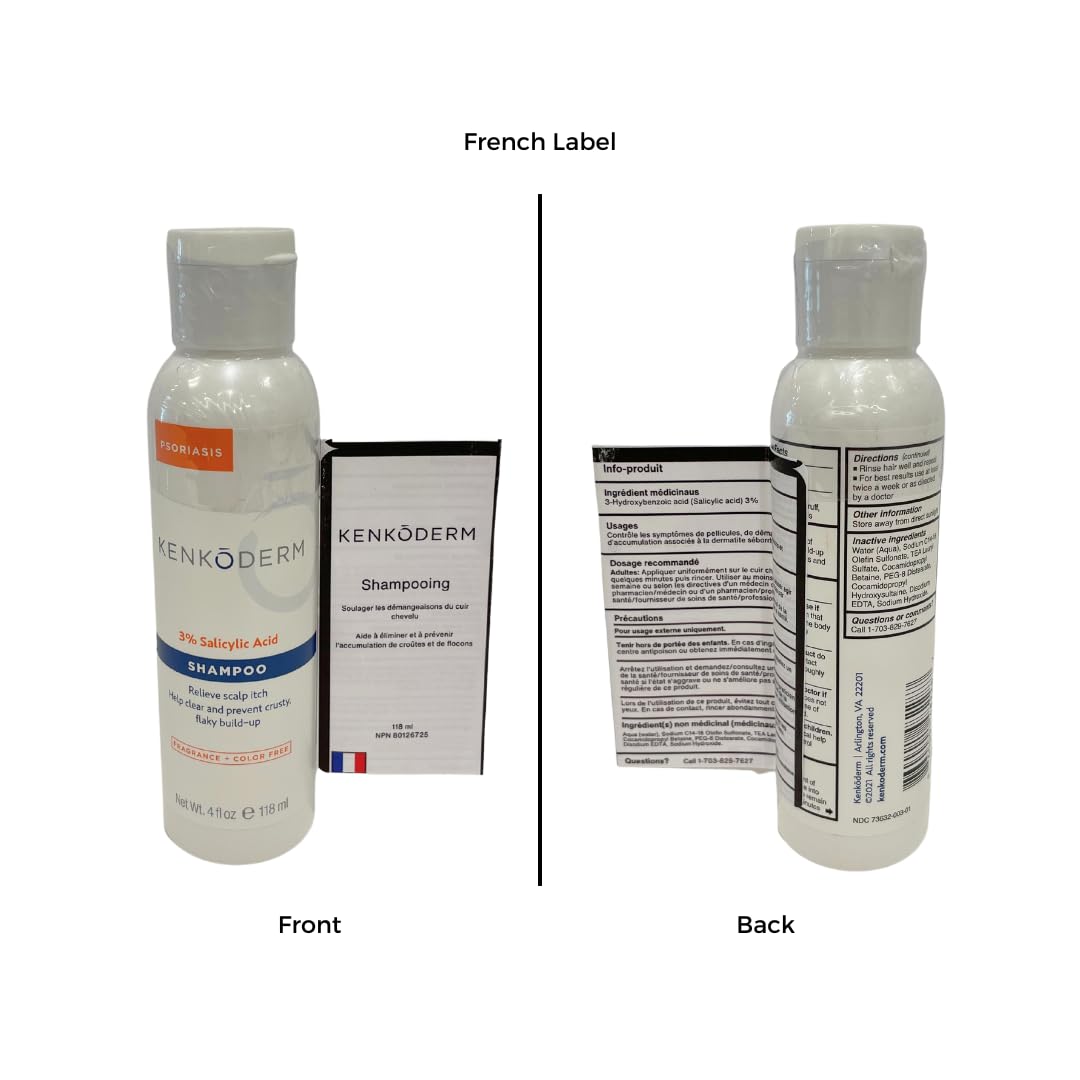 Kenkoderm Psoriasis Shampoo - 3 Percent Salicylic Acid Formula, Anti-Dandruff Cleanser for Itchy or Dry Hair & Scalp, Color & Fragrance Free, 4 Fluid Ounce