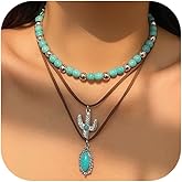 CSIYANJRY99 Layered Western Necklaces for Women Vintage Turquoise Beaded Western Jewelry for Women Ox-head Cactus Cross Chain Necklaces Country Concert Cowgirl Dresses Accessories