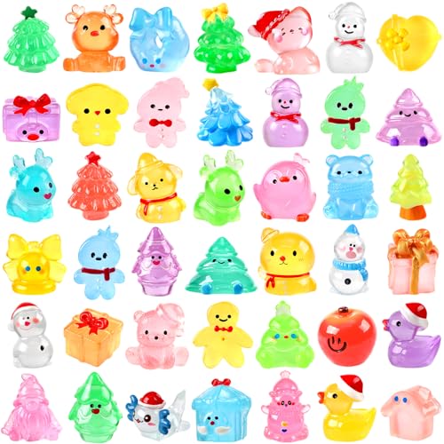 56Pcs Christmas Luminous Mini Figurines 56 Styles Glow in The Dark Tiny Resin Miniatures to Hide Bulk Santa Snowman Bell Snowflake Figurines for Xmas Bag Fillers Party Favors Garden Dollhouse Decor