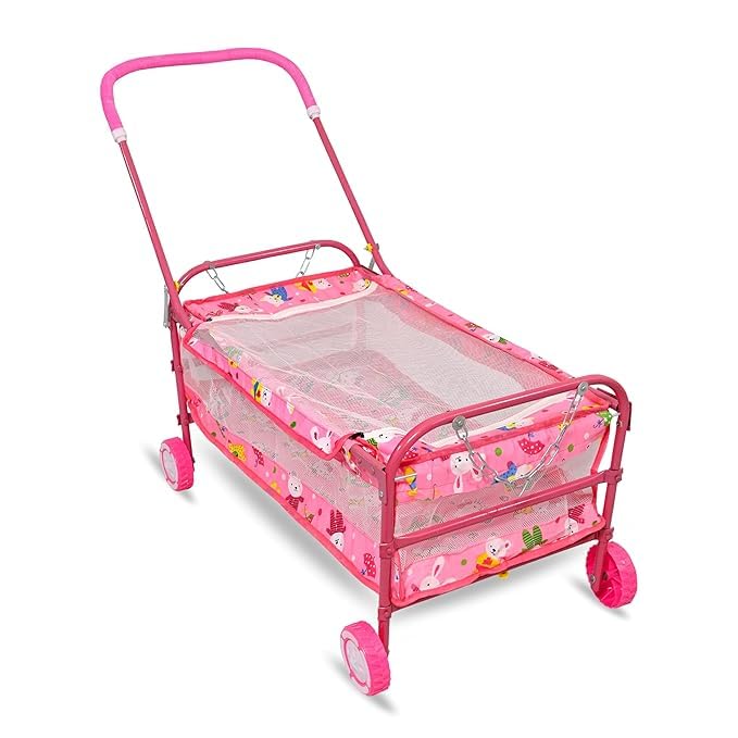 AVANI METROBUZZ Baby Cradle Mosquito Net Jhula Palna Stroller Infant & Toddler Beds Born Baby 1-2 Years Babies-Newborn Baby Cotton Baby Sleep Baby Bedding Cradle with Wheels AM1 (Pink) 2