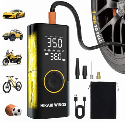 Hikari 6X Faster Portable Tire Inflator, 1 MIN to Full, 20000mAh Battery, 150PSI Cordless Air Compressor Pump with Digital Pressure Gauge, Extended Hose, LED Light for Car Bike Motorcycle Balls