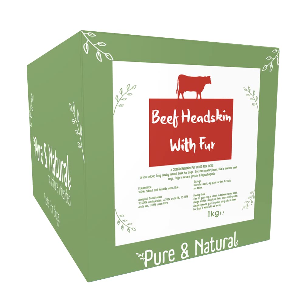 Pure & Natural Beef Head Skin for Dogs (with Fur) - Long Lasting Dog Chew Made from Beef Scalp for Dogs, Healthy, Gluten Free, Low Fat, Natural Dog Treats - 1kg Bulk Box