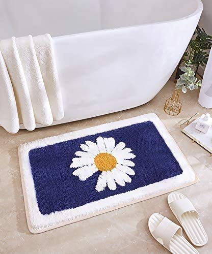 Daisy Non Slip Bath Mat Thickened Bath Rug for Bathroom Absorbent Ultra Soft Bathroom Mat Fluffy Microfiber Bedside Carpet Floor Mat, Quick-drying, Machine Washable (Navy Blue, 50x80cm)