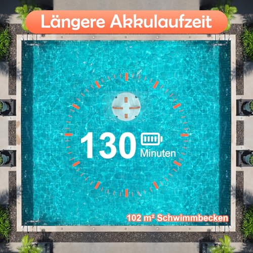 GAMPLAE Pool Robot, Wireless Pool Vacuum Cleaner Battery with 130 Minutes Running Time, Dual Motors Pool Cleaner, Self-Parking Function, Portable Pool Robot Battery for Flat Floors Pools up to 102 m²