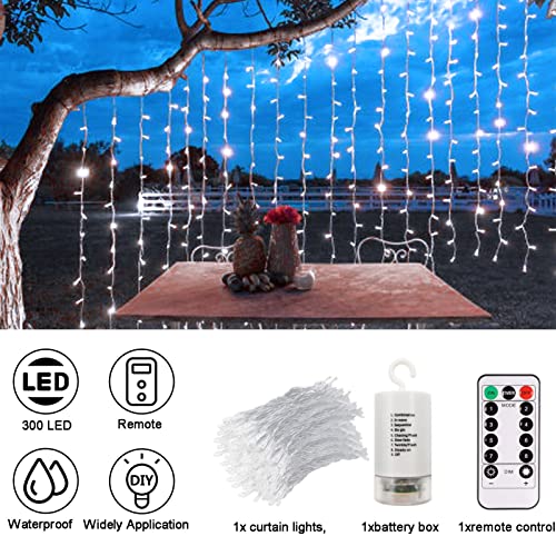echosari Curtain Lights Battery Operated, 300 LED 9.8ft×9.8ft Fairy
