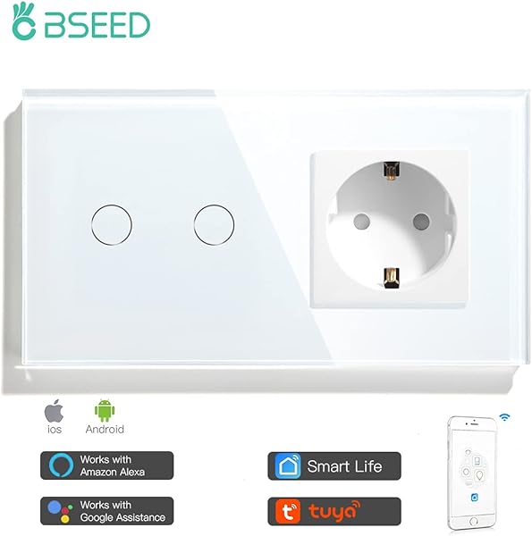BSEED 157 mm Glass Normal EU enchufe con Smart Alexa WiFi Touch Sensor Interruptor de pared 2 vas 1 va blanco