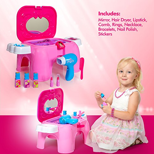 Next Milestones Girls Vanity Makeup and Stool Seat with Jewelry Toy Set, Hair Dryer with Sound, Hair Brush, Necklace, Lipstick, Nail Polish, Mirror and more