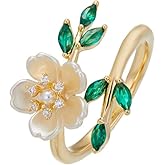 Kokoma Green Leaf Flower Wrap Finger Ring for Women CZ Crystal Cherry Blossoms Flower Ring Open Statement Rings Wedding Band Engagement Rings